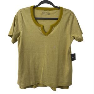 Eddie Bauer Womens Cotton Short‎ Sleeve Shirt Top Medium Mossy Green Striped